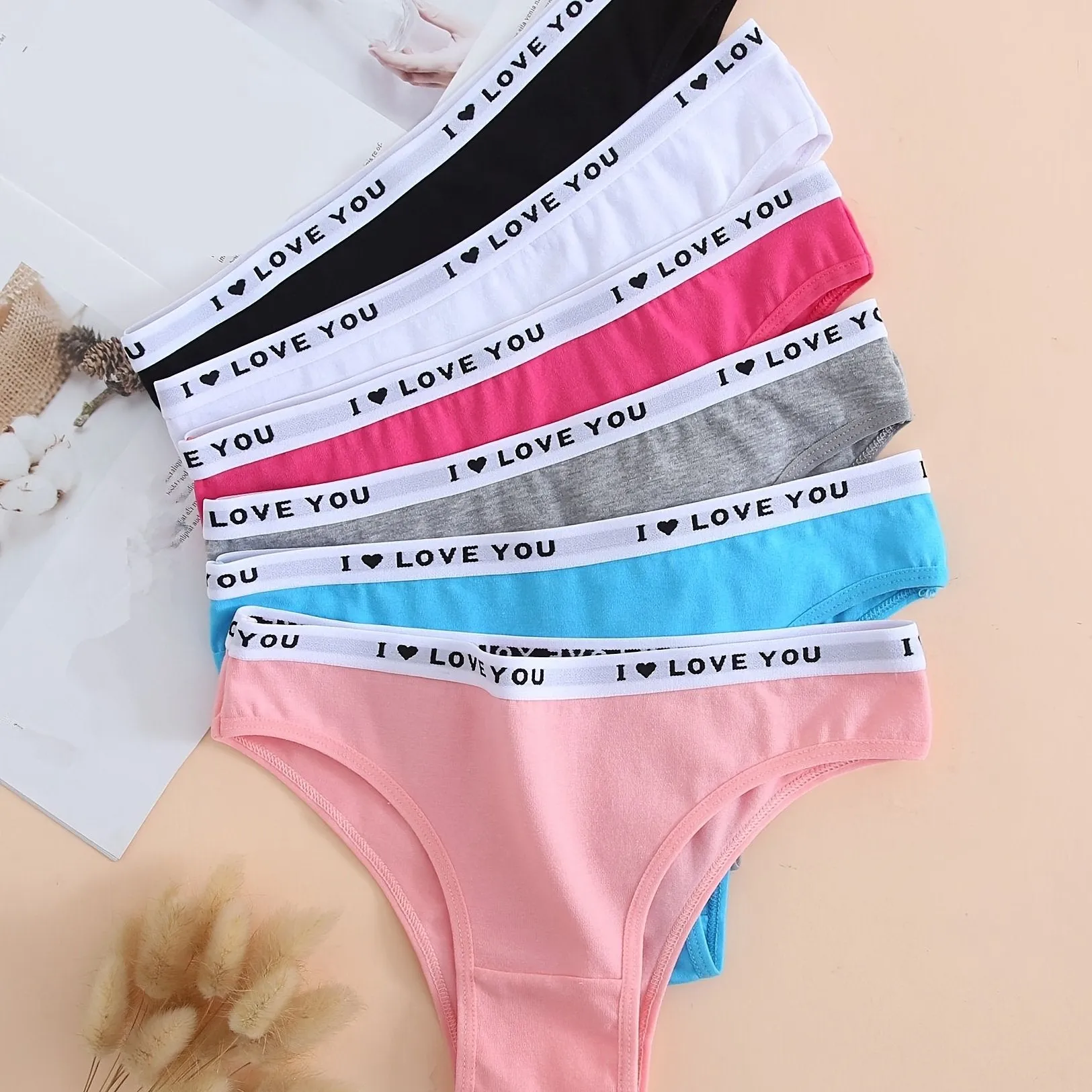 6pcs Letter Tape Soft & Breathable Thongs , Mixed Color Panties Pack , Women's Underwear & Lingerie