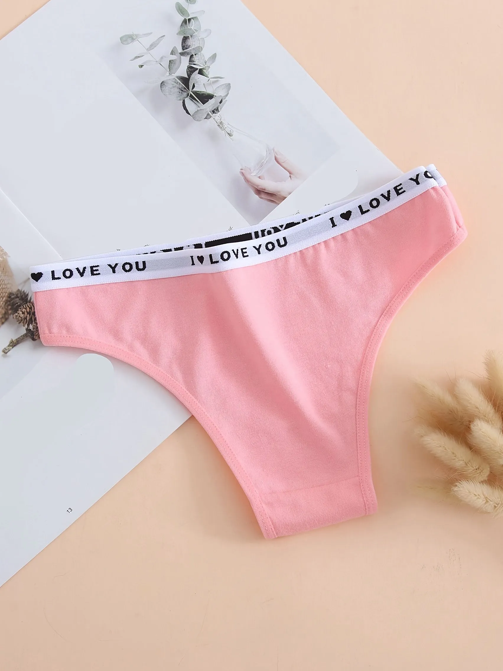 6pcs Letter Tape Soft & Breathable Thongs , Mixed Color Panties Pack , Women's Underwear & Lingerie