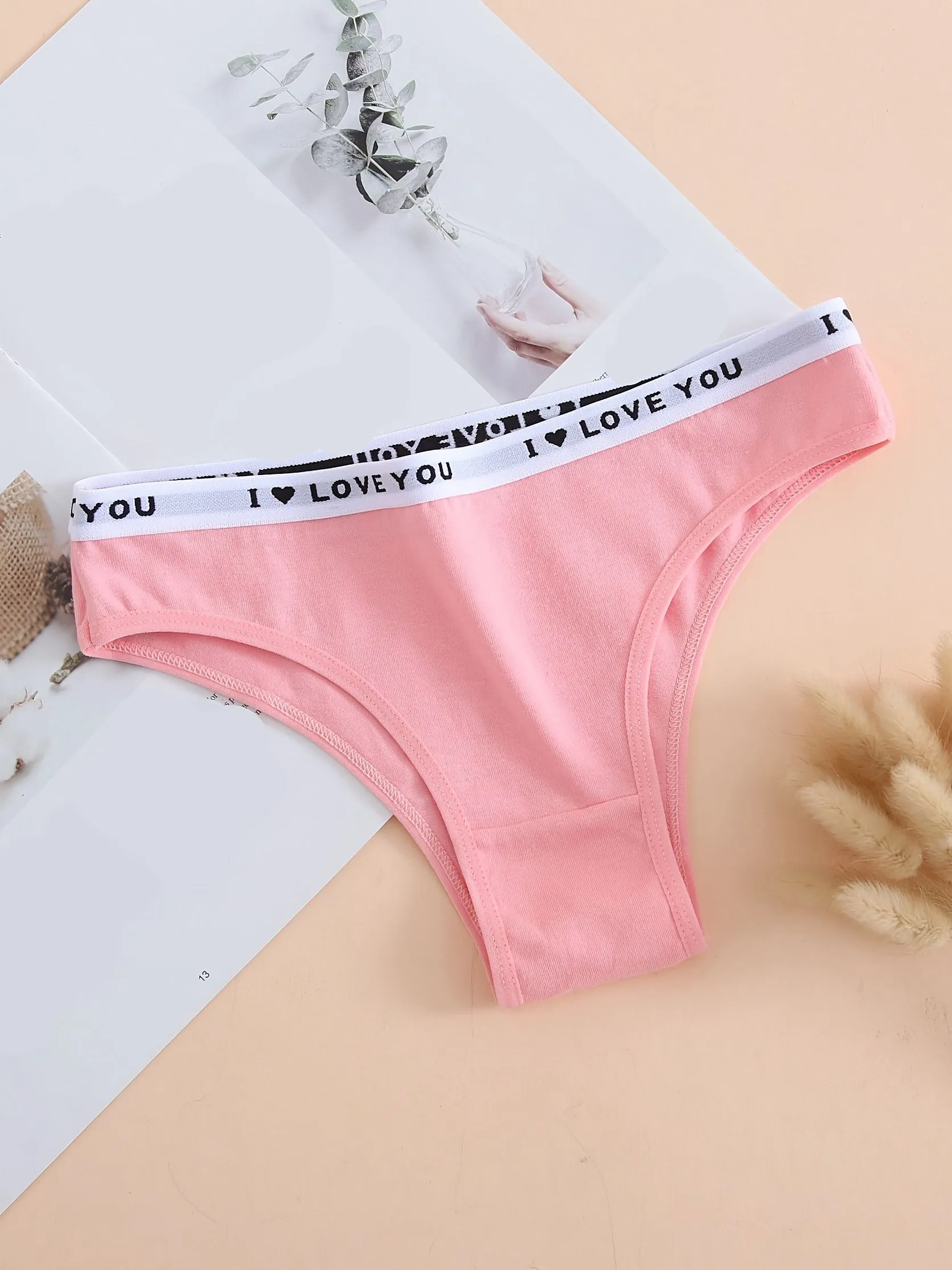 6pcs Letter Tape Soft & Breathable Thongs , Mixed Color Panties Pack , Women's Underwear & Lingerie