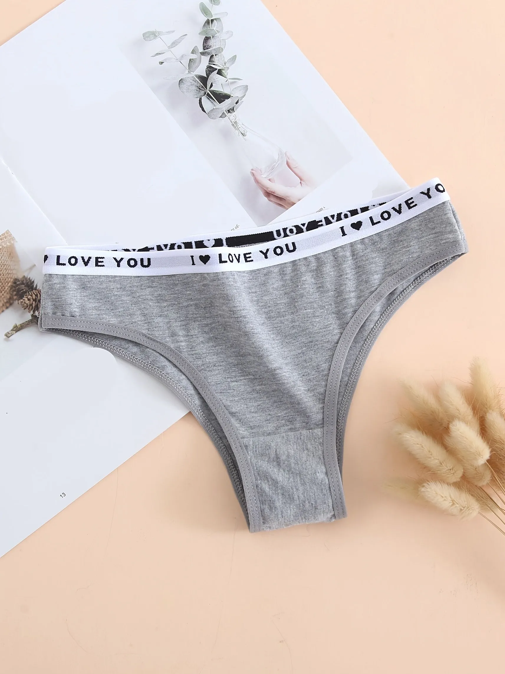 6pcs Letter Tape Soft & Breathable Thongs , Mixed Color Panties Pack , Women's Underwear & Lingerie