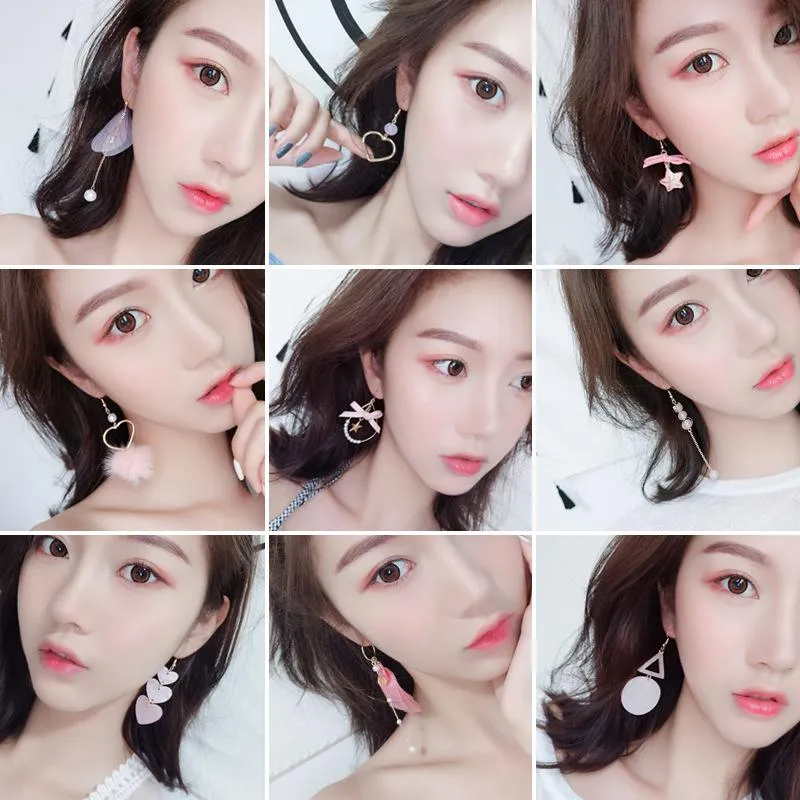 AOMU Japan Korean Pink Cute Natural Stone Beads Fur Star Moon Heart Acrylic Stud Earrings for Girl Ear Jacket Woman Jewelry