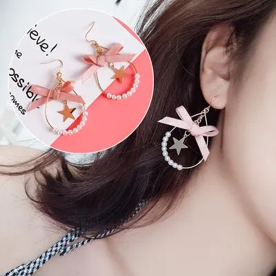 AOMU Japan Korean Pink Cute Natural Stone Beads Fur Star Moon Heart Acrylic Stud Earrings for Girl Ear Jacket Woman Jewelry