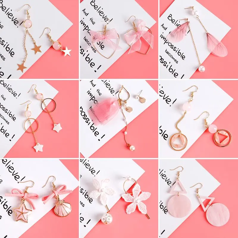AOMU Japan Korean Pink Cute Natural Stone Beads Fur Star Moon Heart Acrylic Stud Earrings for Girl Ear Jacket Woman Jewelry