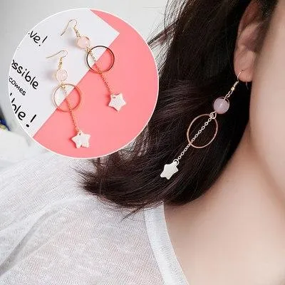 AOMU Japan Korean Pink Cute Natural Stone Beads Fur Star Moon Heart Acrylic Stud Earrings for Girl Ear Jacket Woman Jewelry