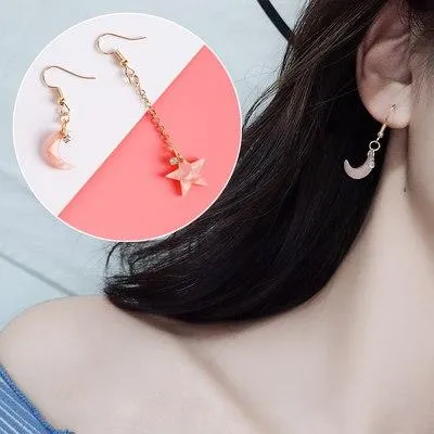 AOMU Japan Korean Pink Cute Natural Stone Beads Fur Star Moon Heart Acrylic Stud Earrings for Girl Ear Jacket Woman Jewelry
