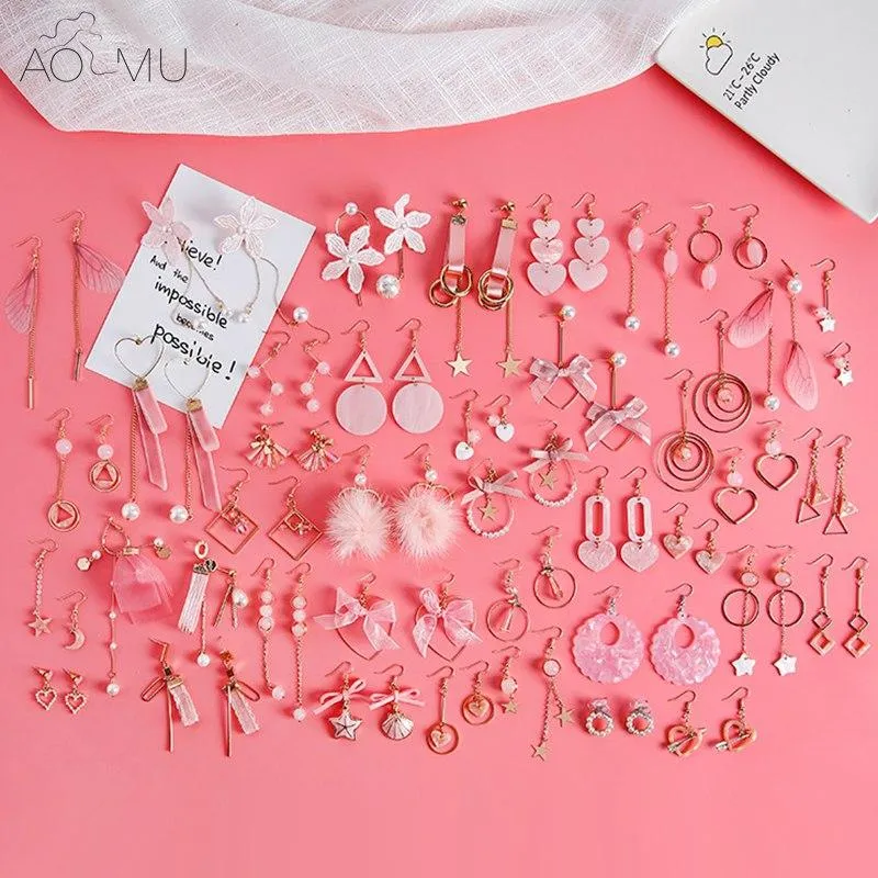 AOMU Japan Korean Pink Cute Natural Stone Beads Fur Star Moon Heart Acrylic Stud Earrings for Girl Ear Jacket Woman Jewelry