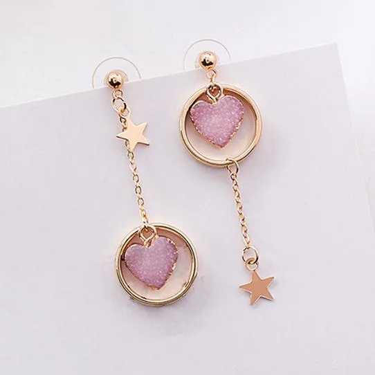 AOMU Japan Korean Pink Cute Natural Stone Beads Fur Star Moon Heart Acrylic Stud Earrings for Girl Ear Jacket Woman Jewelry