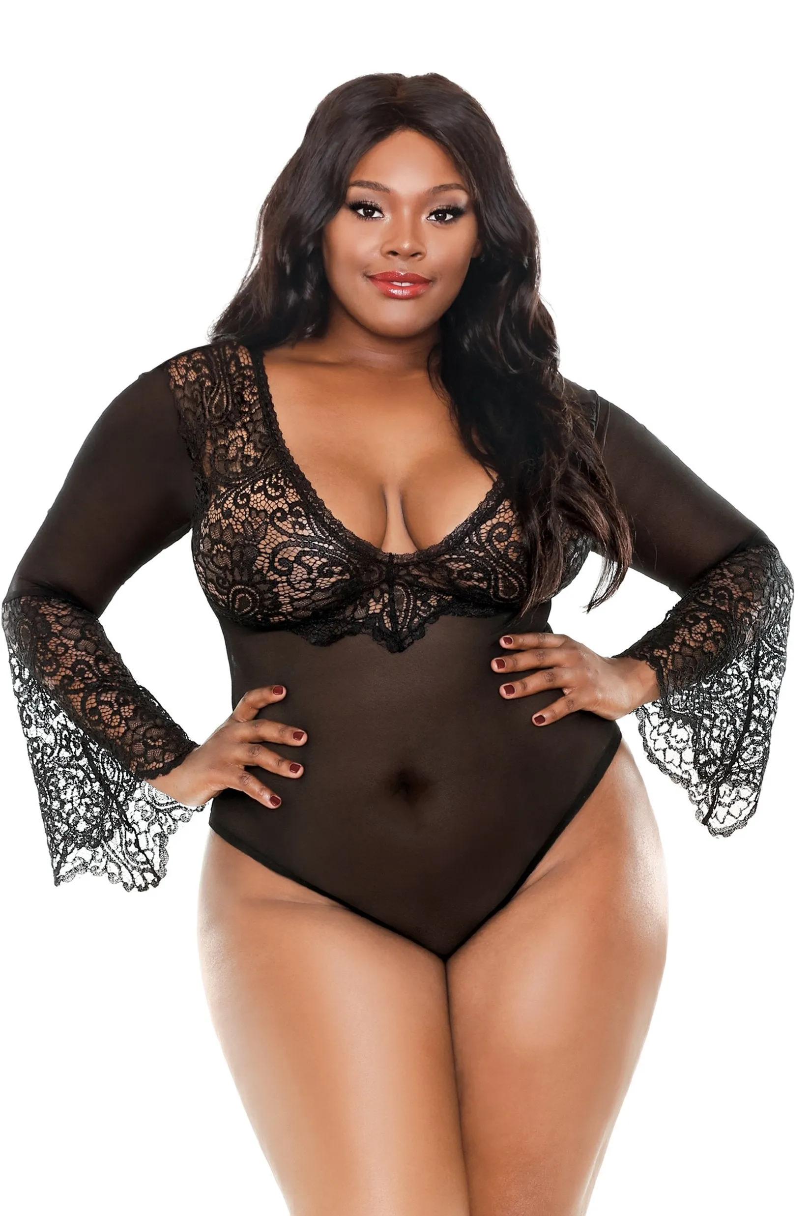 Aurora Bell Sleeved Bodysuit - Black - 1x/2x