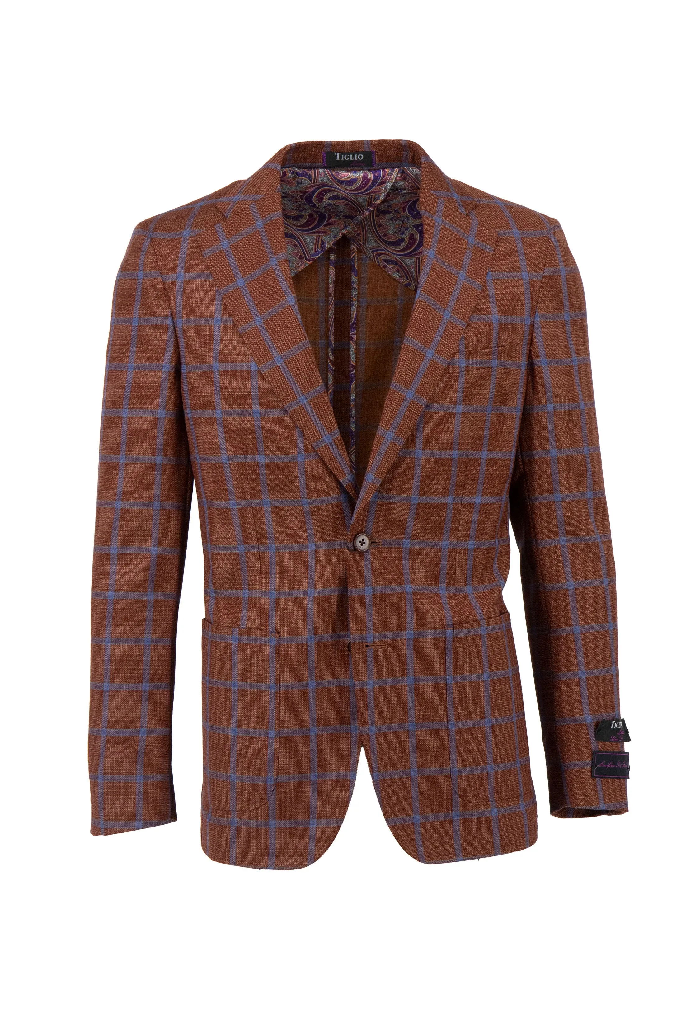 Burn Orange with Blue Windowpane Veneto/THP Slim Fit half lined, Pure Wool Jacket by Tiglio Luxe