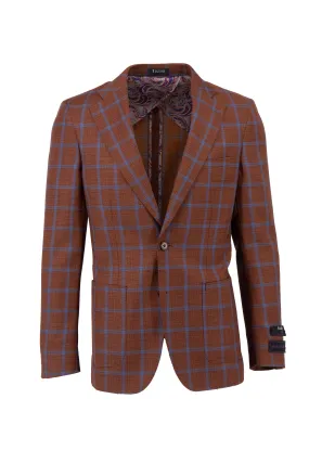 Burn Orange with Blue Windowpane Veneto/THP Slim Fit half lined, Pure Wool Jacket by Tiglio Luxe