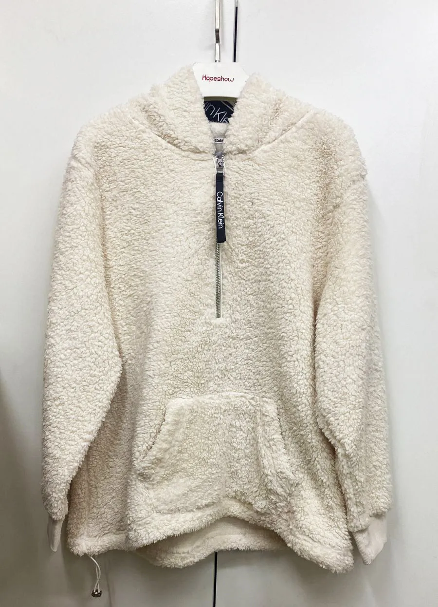 Calvin Klein White sherpa teddy bear half zip pullover