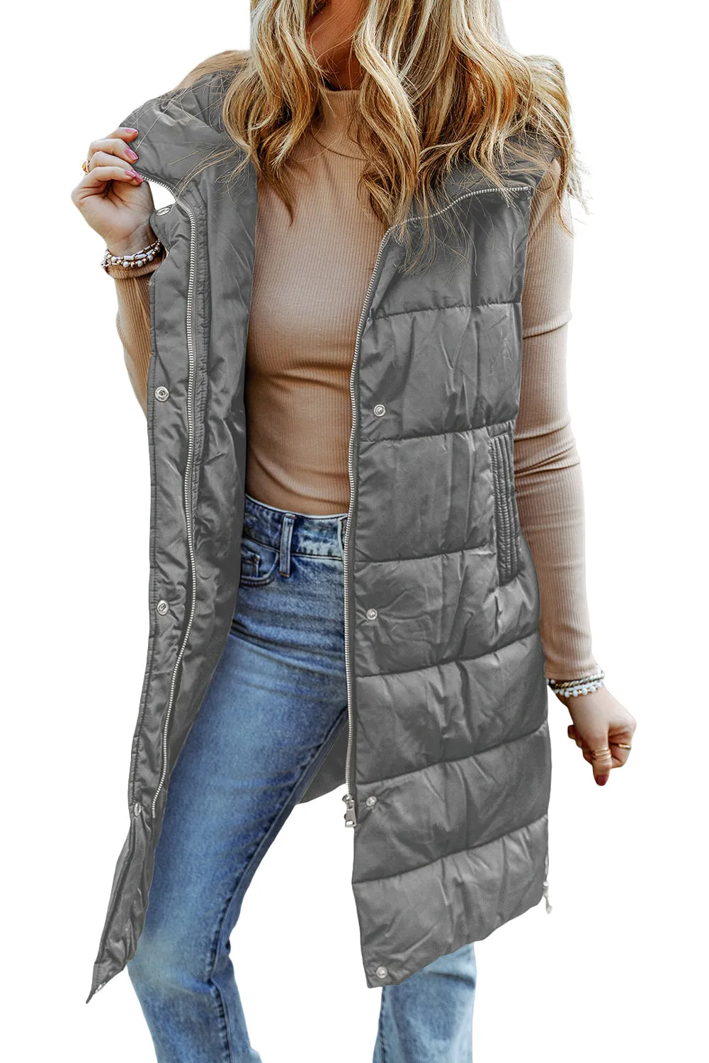 Dark Grey Hooded Pocketed Quilted Long Vest Coat