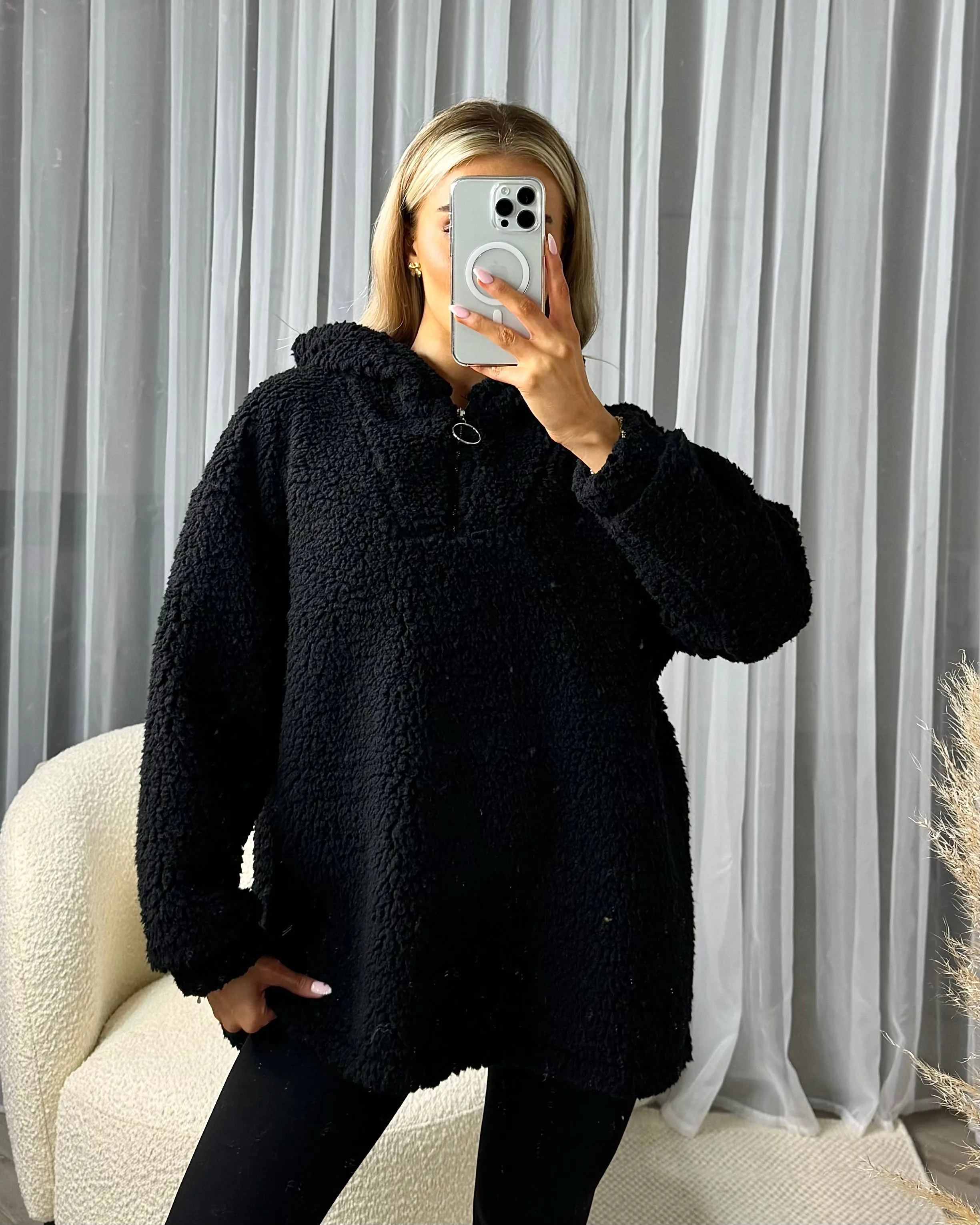 Elsie 1/4 Zip Hooded Relaxed Fit Jacket - Black