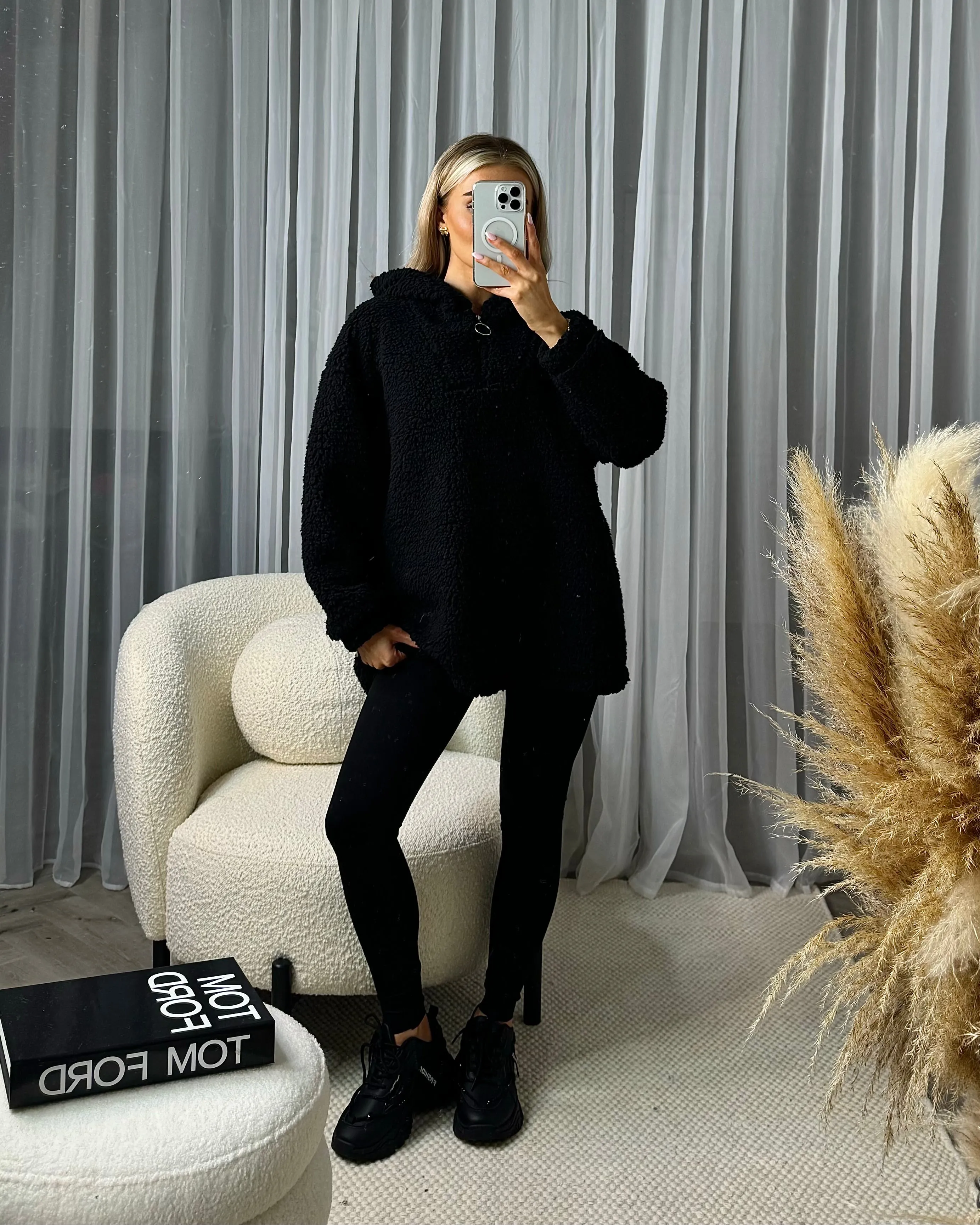 Elsie 1/4 Zip Hooded Relaxed Fit Jacket - Black