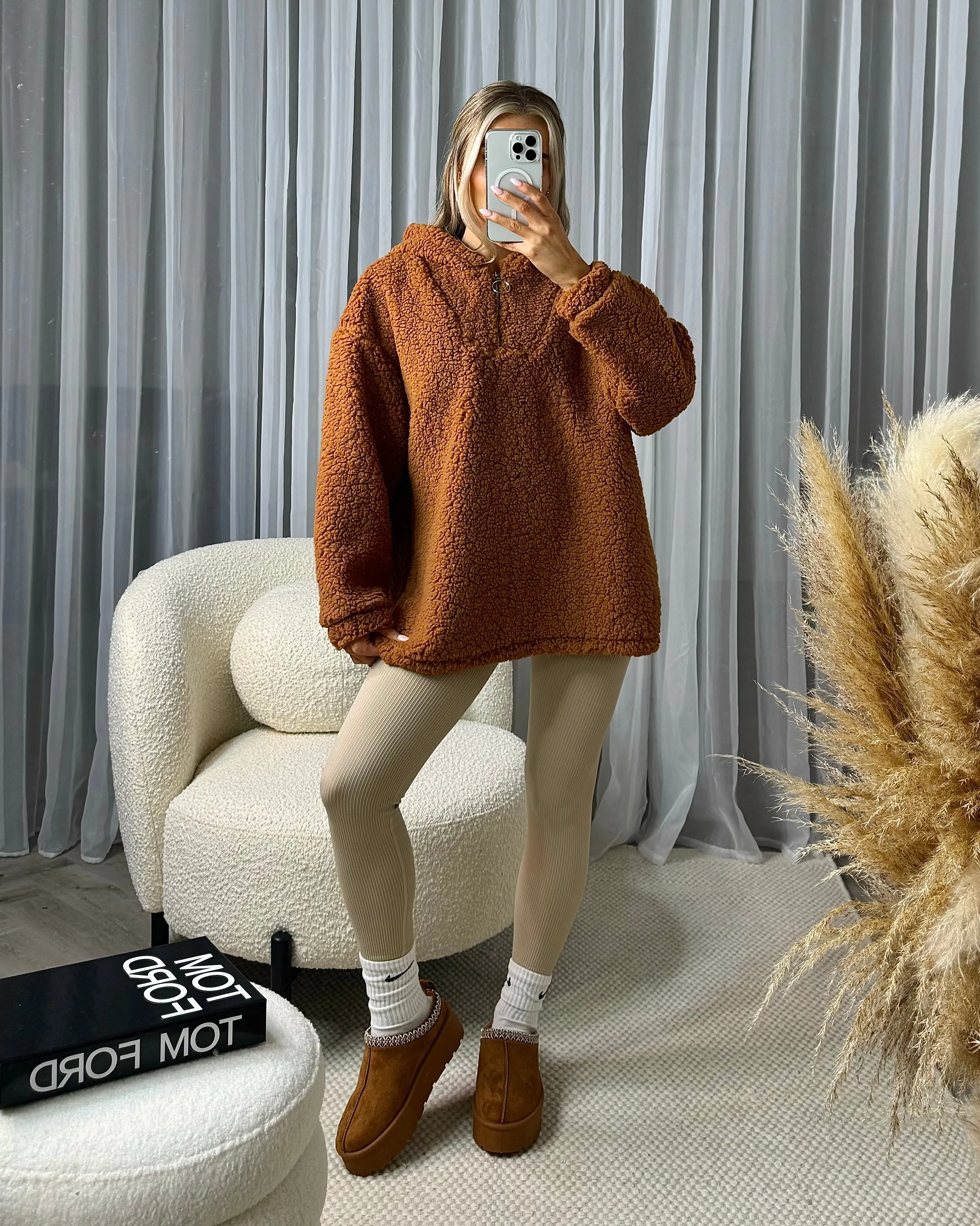 Elsie 1/4 Zip Hooded Relaxed Fit Jacket - Camel