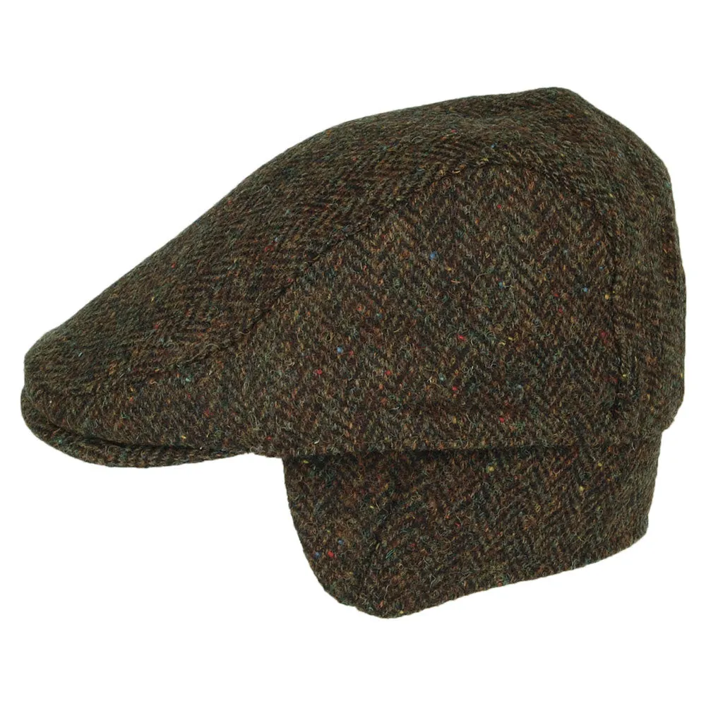 Failsworth Hats HARRIS TWEED Herringbone Oban Flat Cap with Earflaps - Olive