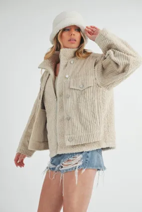 Fake Two Piece Turtleneck Sherpa Jacket with Pockets