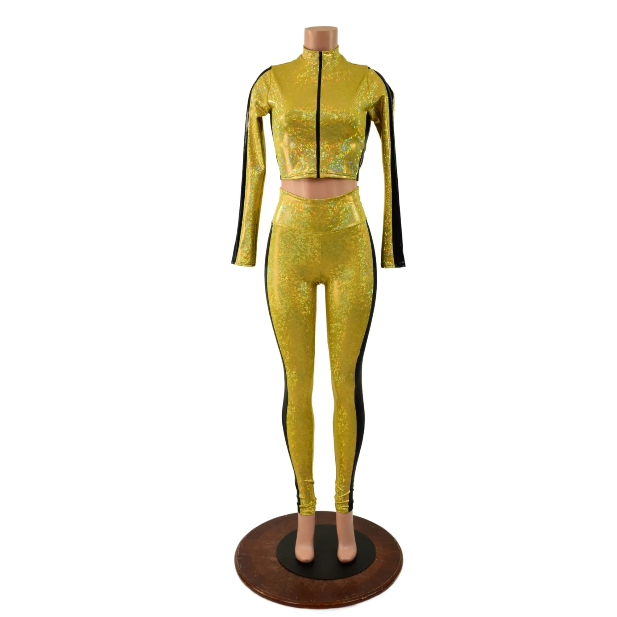 Gold and Black Side Paneled Set (Leggings & Crop Top)