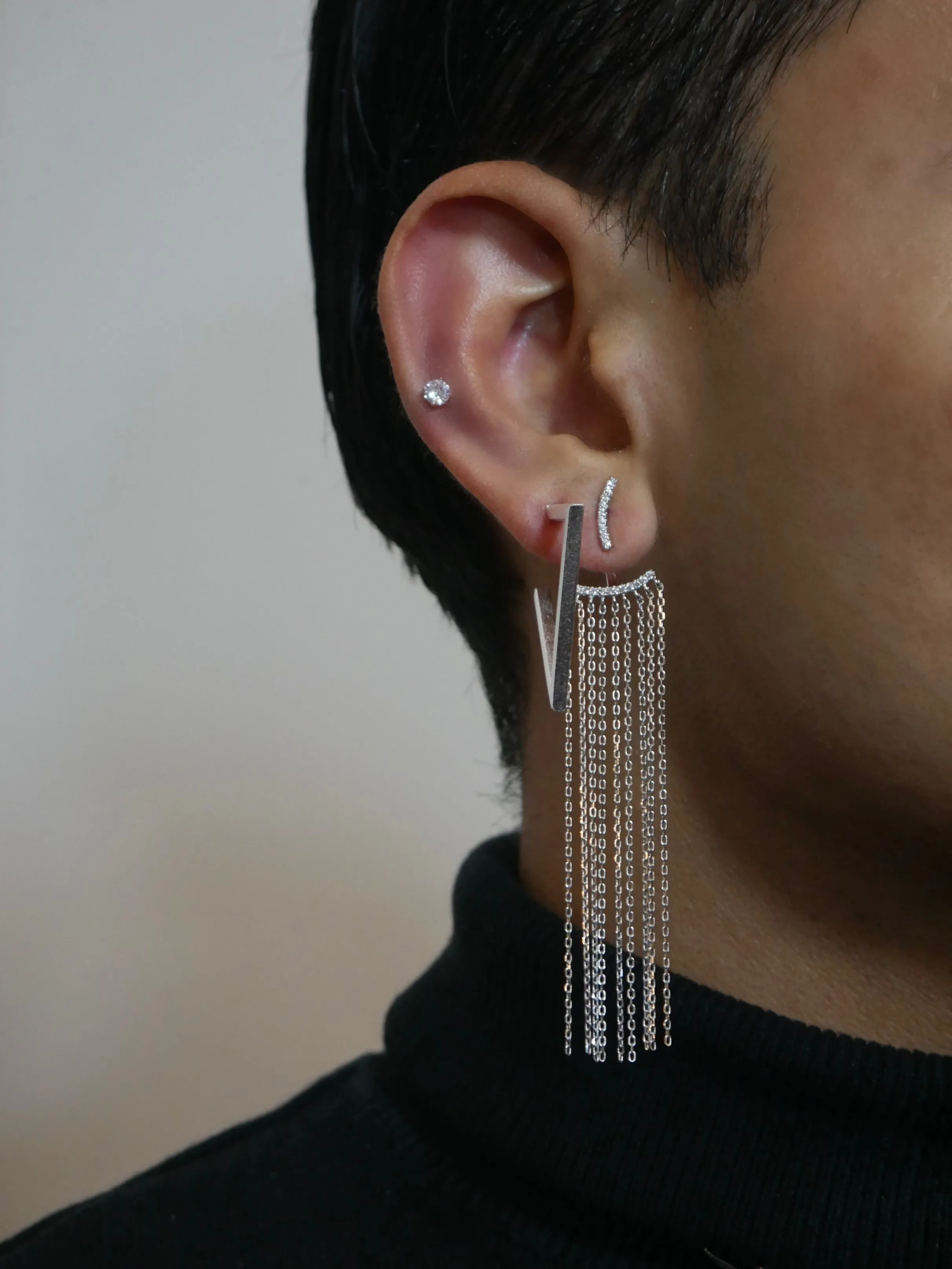 Long Earrings Mismatched 925 Sterling Silver Hypoallergenic Diamond CZ Ear Jacket Two Piece Post Earrings