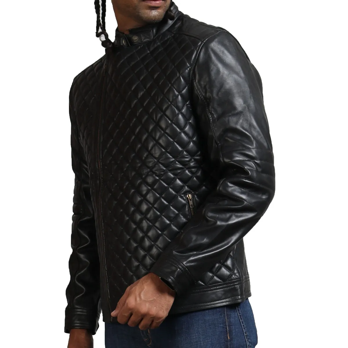 Men's Black Leather Quilted Winter Biker Jacket