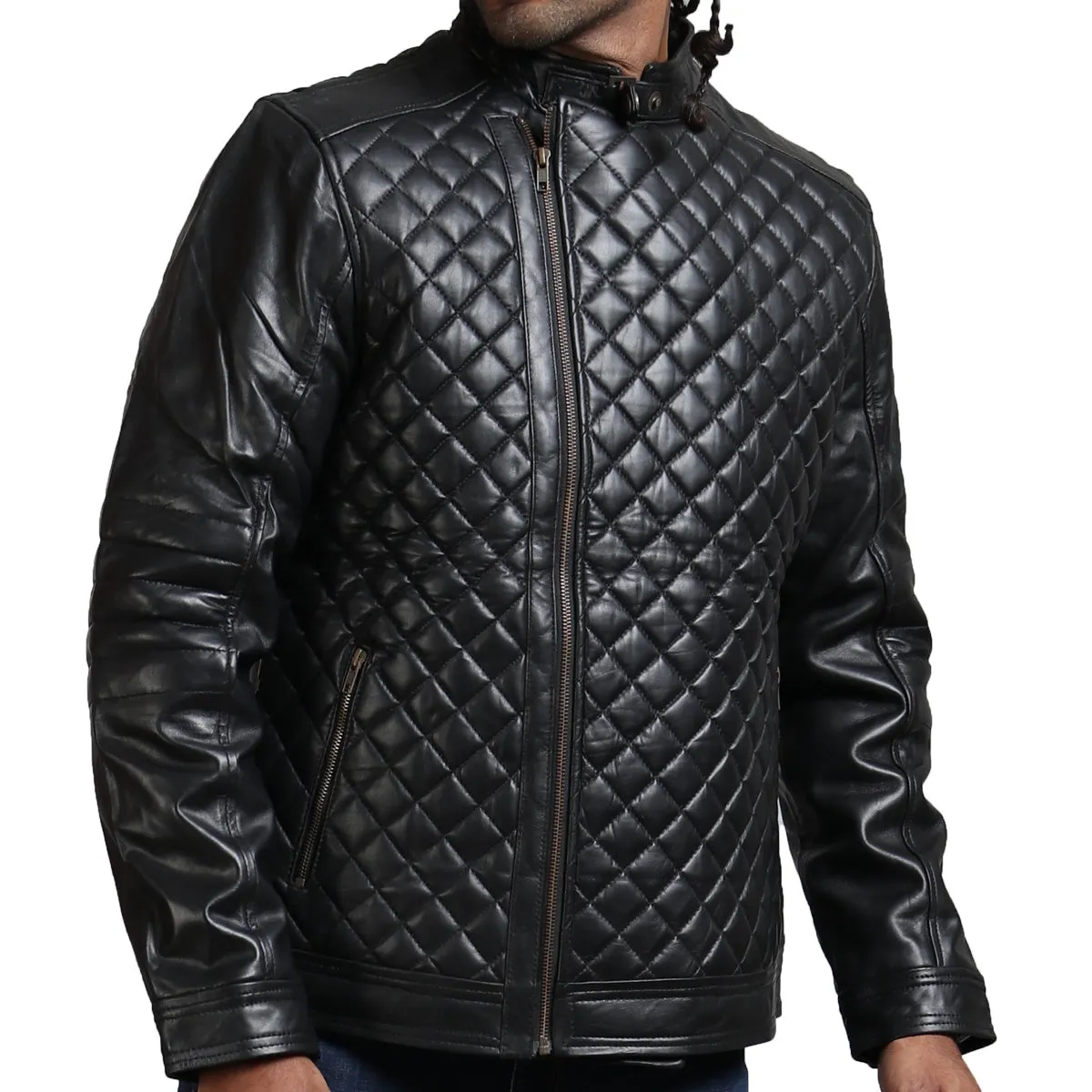 Men's Black Leather Quilted Winter Biker Jacket