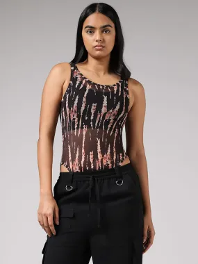 Nuon Black Abstract Printed Sleeveless Mesh Bodysuit