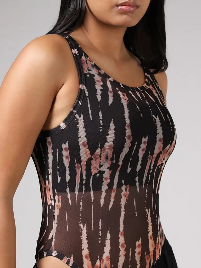 Nuon Black Abstract Printed Sleeveless Mesh Bodysuit