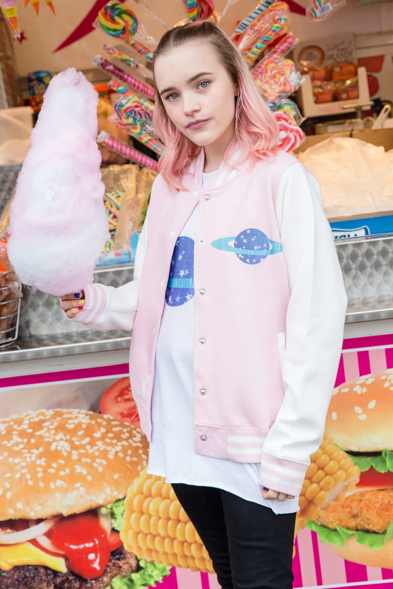 Planet Blue Star Pastel Pink Varsity Jacket