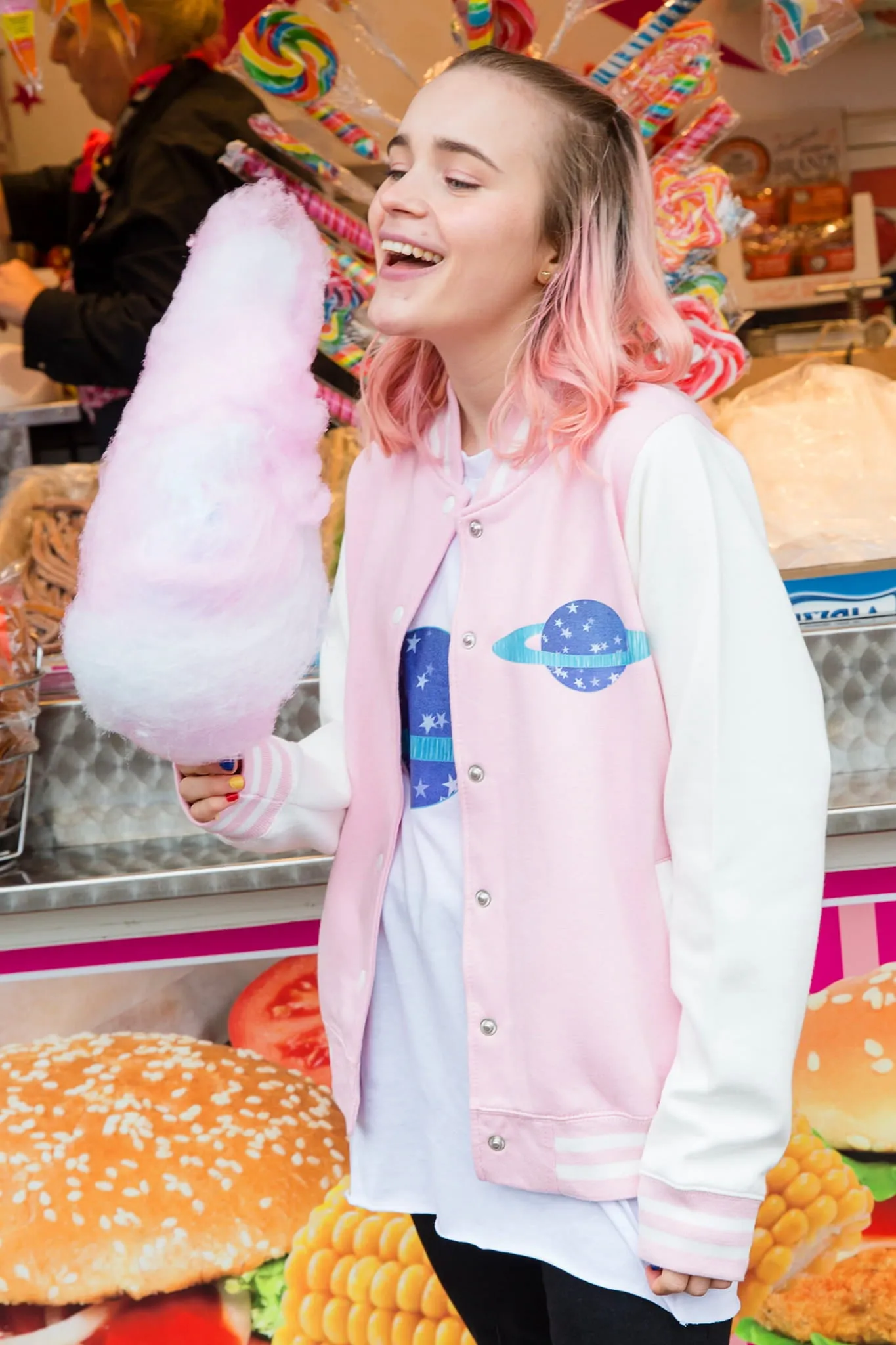Planet Blue Star Pastel Pink Varsity Jacket