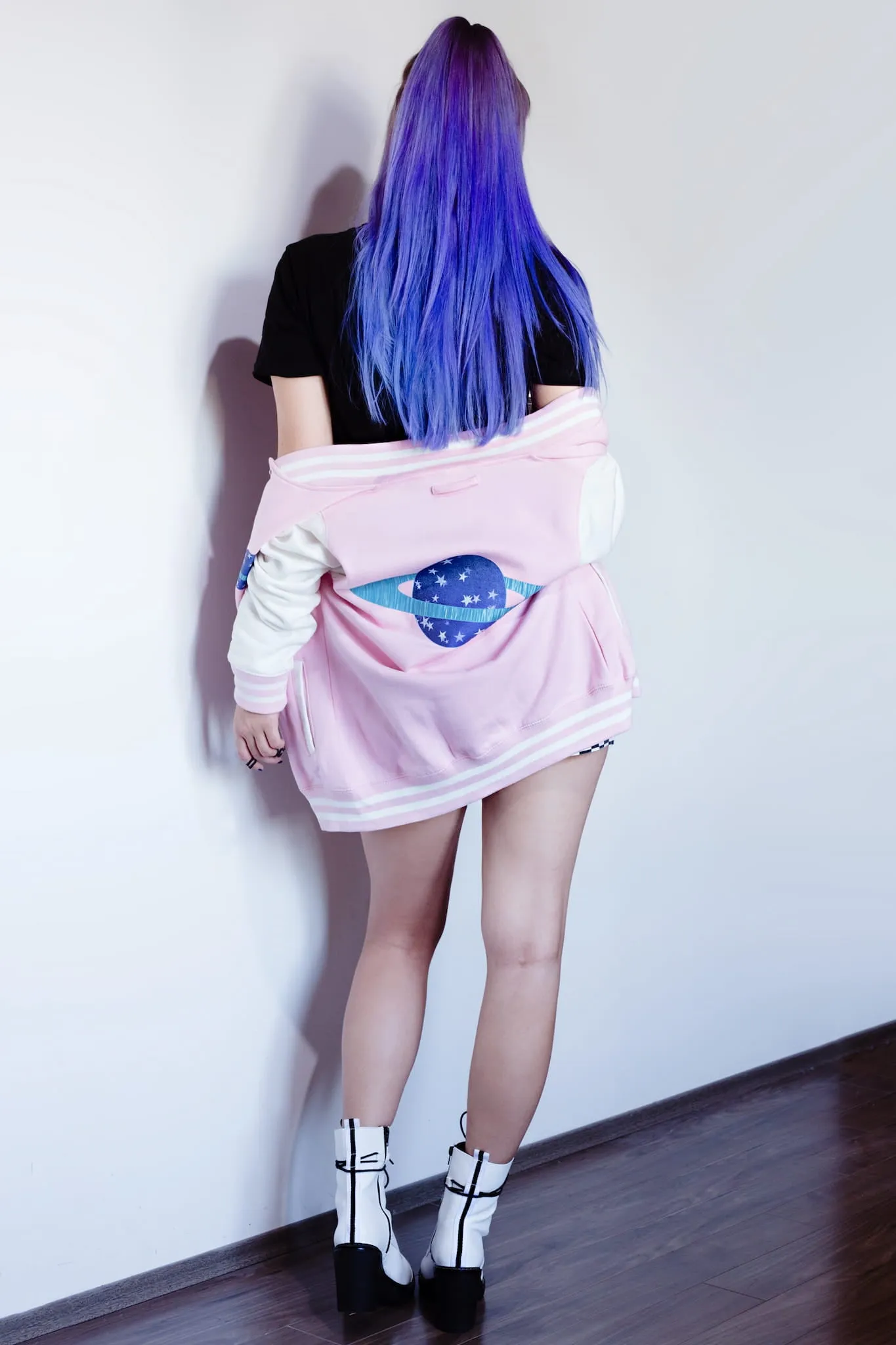 Planet Blue Star Pastel Pink Varsity Jacket