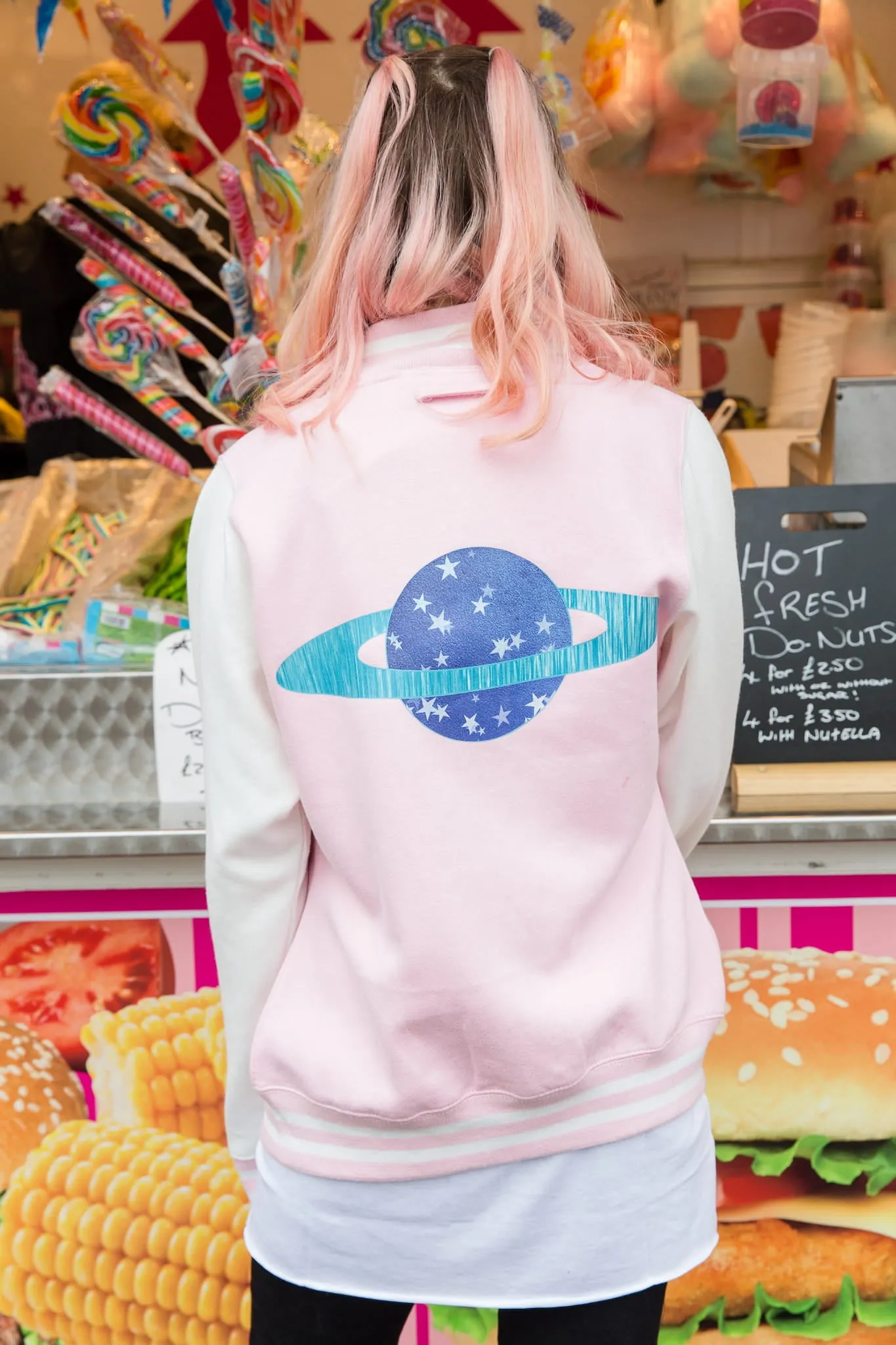 Planet Blue Star Pastel Pink Varsity Jacket