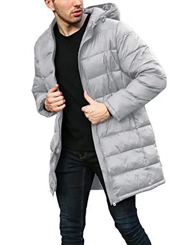 Runcati Mens Warm Down Coat Hooded Down Parka Puffer Jacket Full Zip Long Coat Winter Outwear with Hoodie Gray