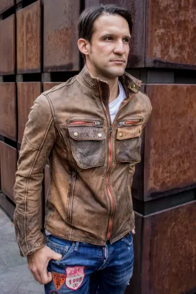 STONE Leather Jacket - Double zip in  Stone Vintage Washed Distressed Color