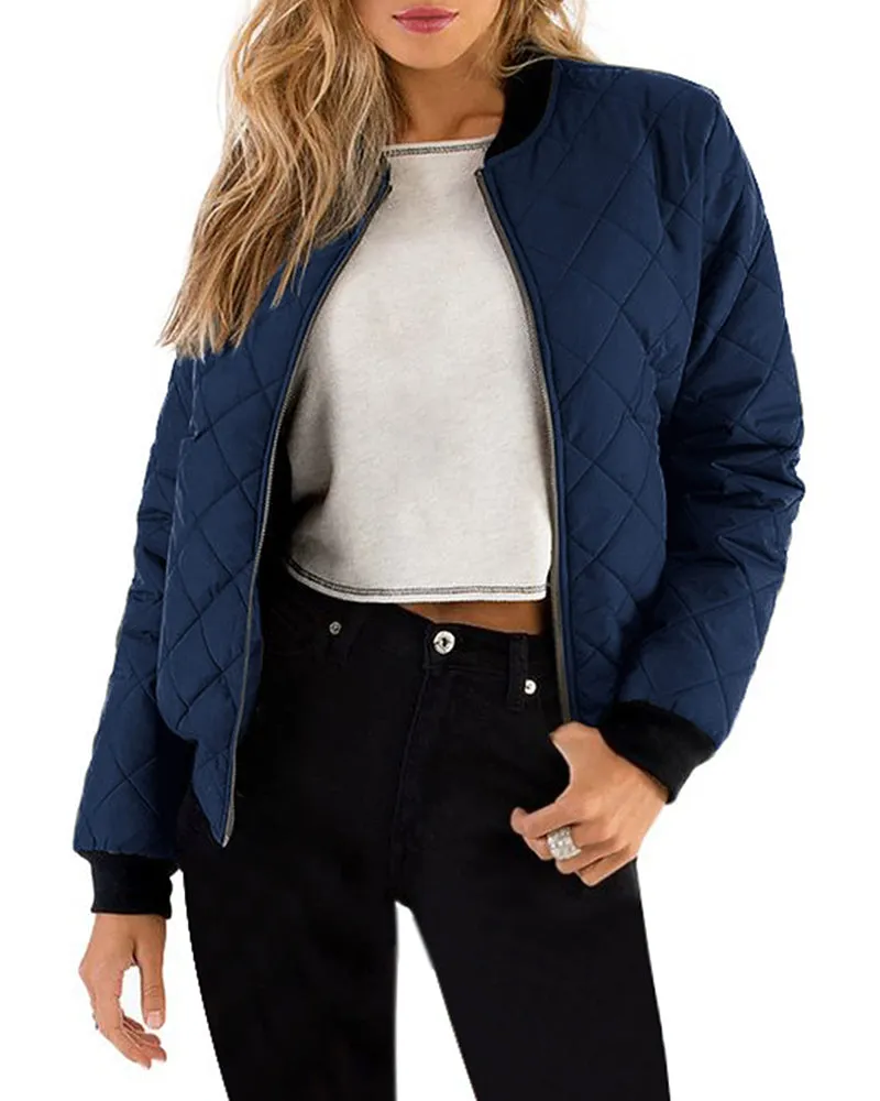Women's Quilted Bomber Jacket Casual Coat Zip Up Outerwear Windbreaker with Pockets - Zeagoo (Us Only)