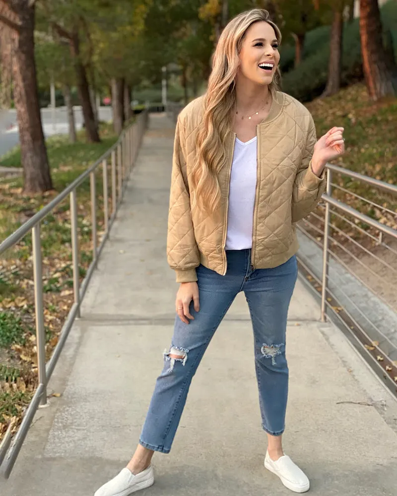 Women's Quilted Bomber Jacket Casual Coat Zip Up Outerwear Windbreaker with Pockets - Zeagoo (Us Only)