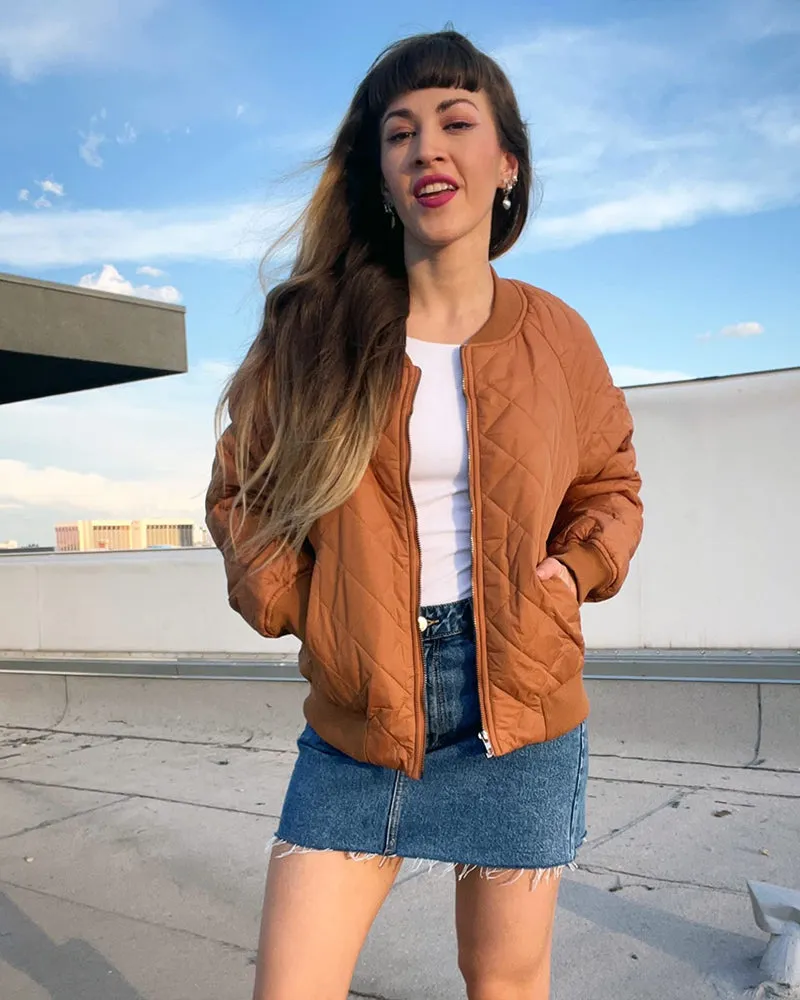 Women's Quilted Bomber Jacket Casual Coat Zip Up Outerwear Windbreaker with Pockets - Zeagoo (Us Only)