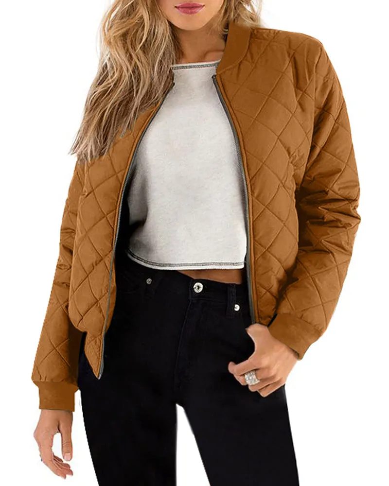 Women's Quilted Bomber Jacket Casual Coat Zip Up Outerwear Windbreaker with Pockets - Zeagoo (Us Only)