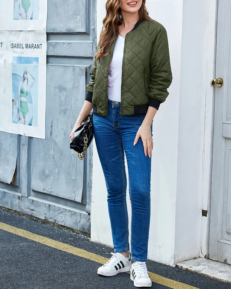 Women's Quilted Bomber Jacket Casual Coat Zip Up Outerwear Windbreaker with Pockets - Zeagoo (Us Only)