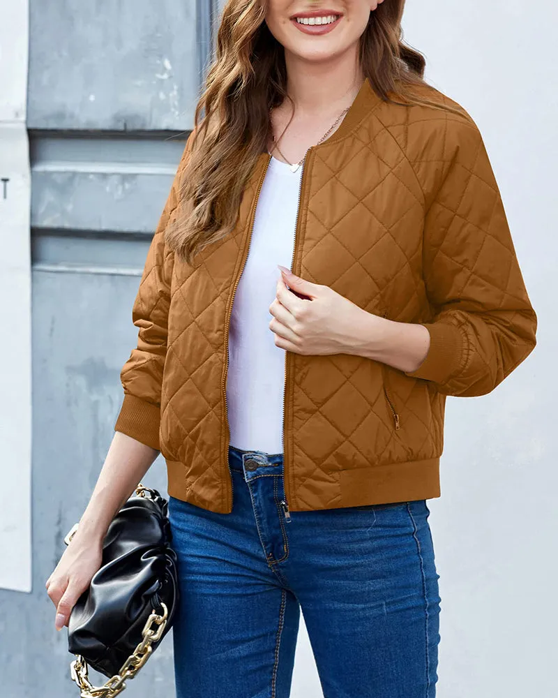 Women's Quilted Bomber Jacket Casual Coat Zip Up Outerwear Windbreaker with Pockets - Zeagoo (Us Only)