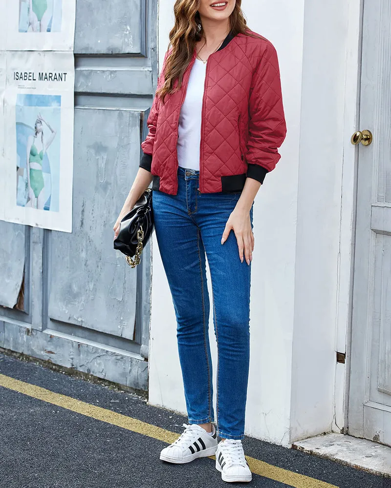 Women's Quilted Bomber Jacket Casual Coat Zip Up Outerwear Windbreaker with Pockets - Zeagoo (Us Only)