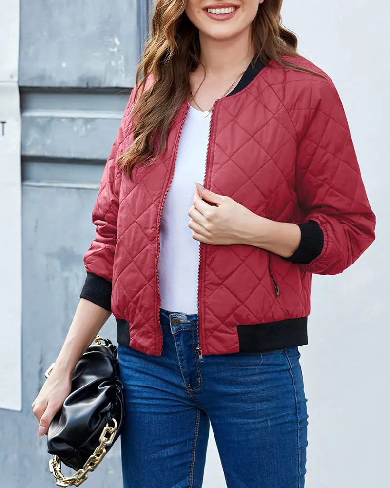 Women's Quilted Bomber Jacket Casual Coat Zip Up Outerwear Windbreaker with Pockets - Zeagoo (Us Only)