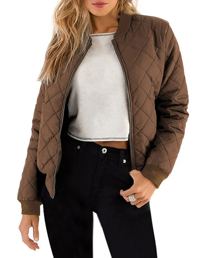 Women's Quilted Bomber Jacket Casual Coat Zip Up Outerwear Windbreaker with Pockets - Zeagoo (Us Only)
